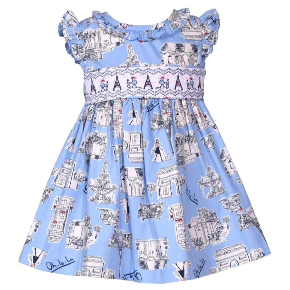 Bonnie Jean Girls Size 3M-24M "BLUE PARIS PRINT" Smocked Dress NWT